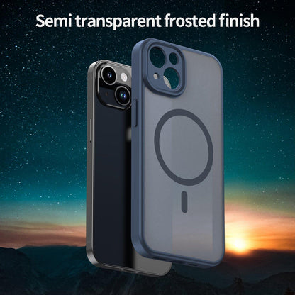 For iPhone 14 Fanying Series Precision Camera Hole PC Hybrid TPU Translucent Frosted Magnetic Phone Case - Cyan Blue - EDA009893304C
