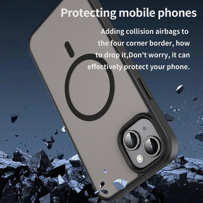 For iPhone 14 Plus Fanying Series Precision Camera Hole PC Hybrid TPU Translucent Frosted Magnetic Phone Case - Translucent Black - EDA009893305A