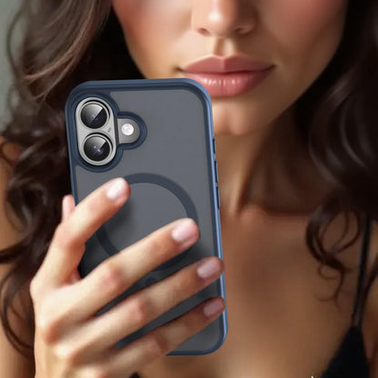For iPhone 16 Fanying Series Precision Camera Hole PC Hybrid TPU Translucent Frosted Magnetic Phone Case - Cyan Blue - EDA009893312C
