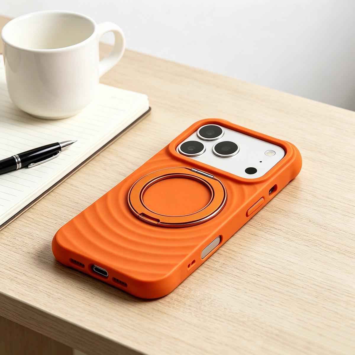 For iPhone 16 Pro Water Ripple Texture 360 Degree Rotation Magnetic Holder Silicone Phone Case - Orange - EDA009896406A