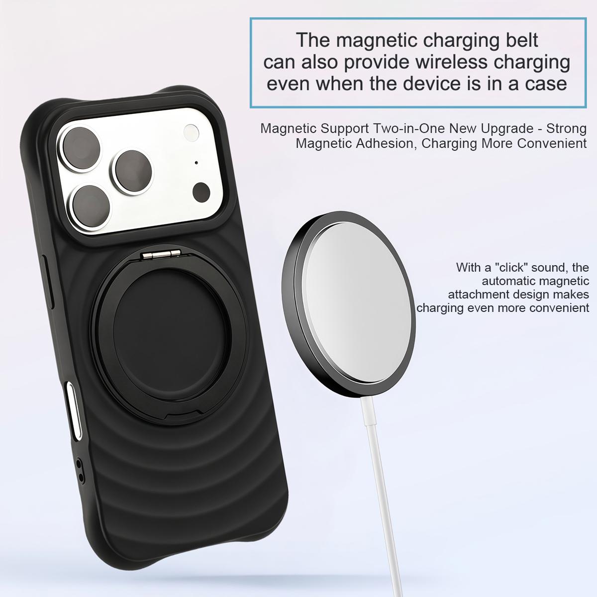 For iPhone 16 Pro Water Ripple Texture 360 Degree Rotation Magnetic Holder Silicone Phone Case - Black - EDA009896406E