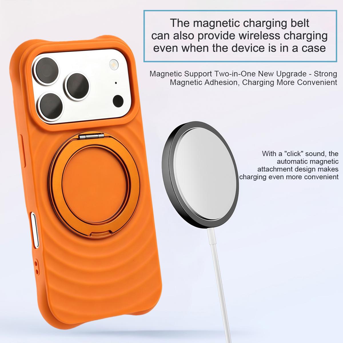 For iPhone 15 Pro Water Ripple Texture 360 Degree Rotation Magnetic Holder Silicone Phone Case - Orange - EDA009896410A