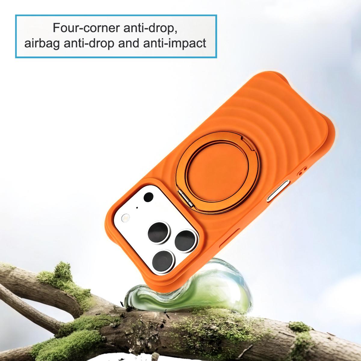 For iPhone 15 Pro Water Ripple Texture 360 Degree Rotation Magnetic Holder Silicone Phone Case - Orange - EDA009896410A