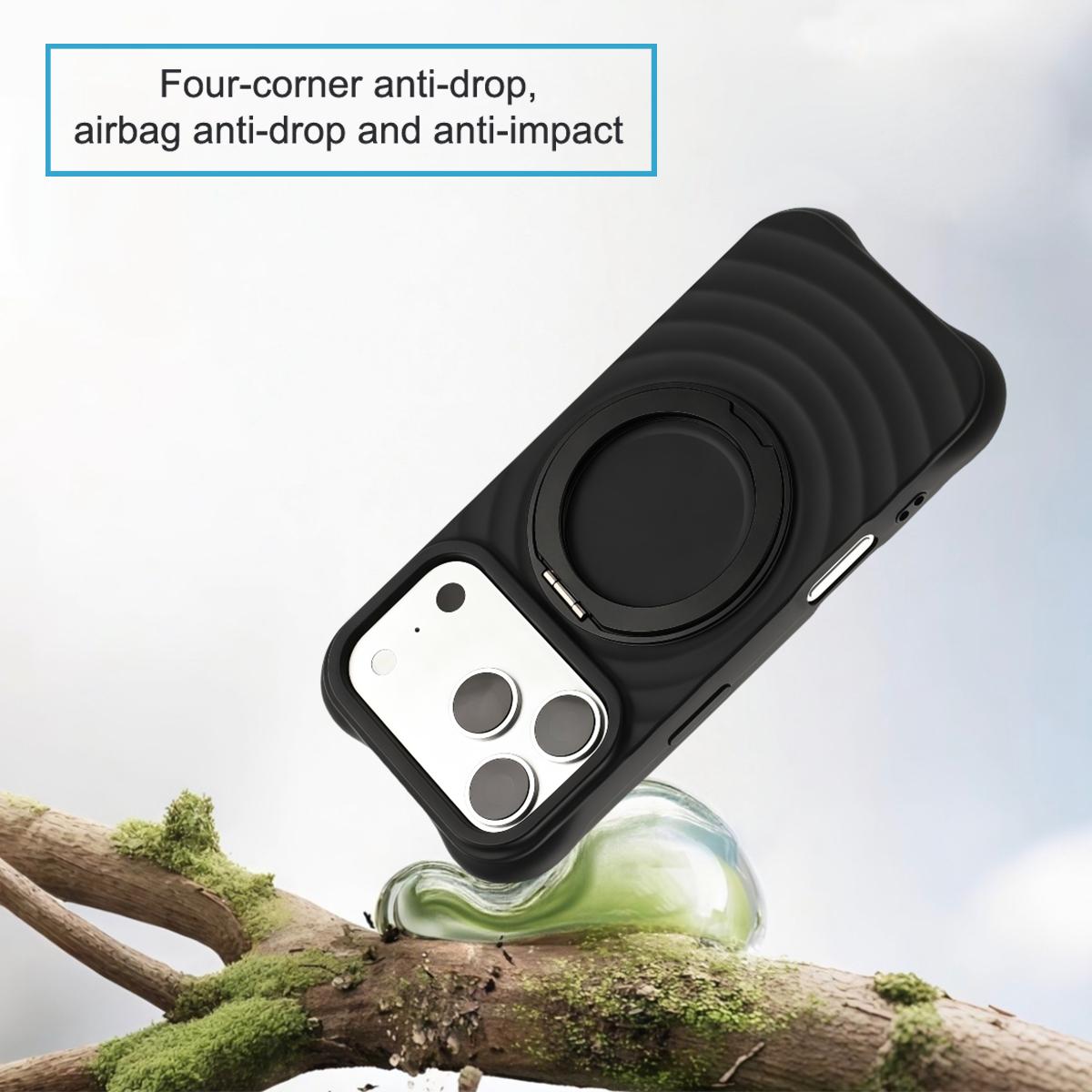 For iPhone 13 Pro Max Water Ripple Texture 360 Degree Rotation Magnetic Holder Silicone Phone Case - Black - EDA009896415E