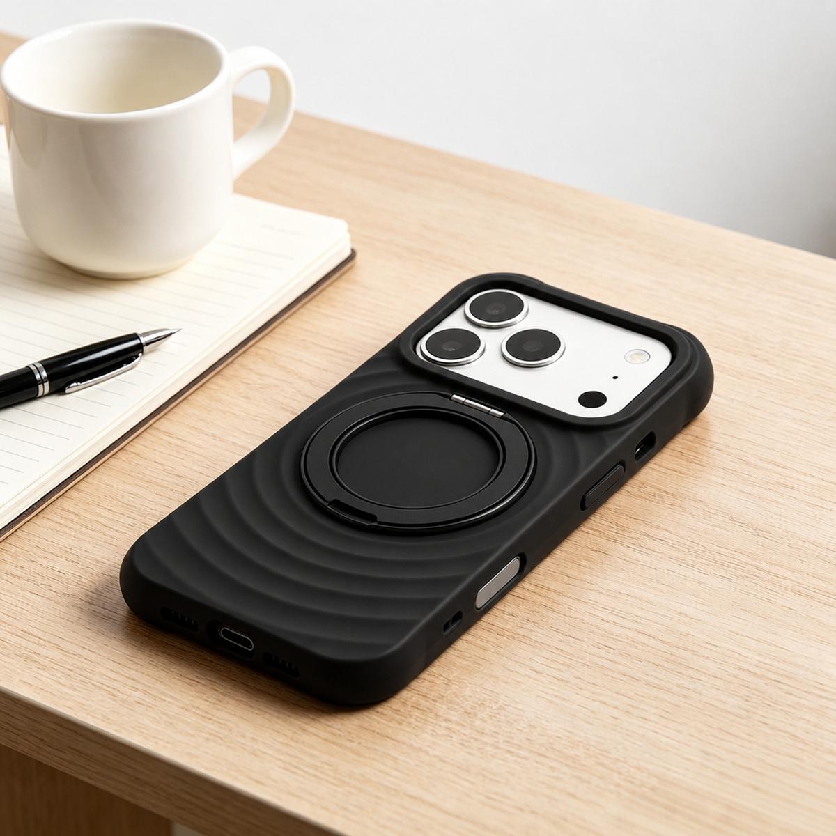For iPhone 13 Pro Max Water Ripple Texture 360 Degree Rotation Magnetic Holder Silicone Phone Case - Black - EDA009896415E