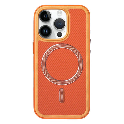 For iPhone 13 Pro Carbon Fiber Texture Vegan Leather Magnetic Phone Case - Orange - EDA009899705B