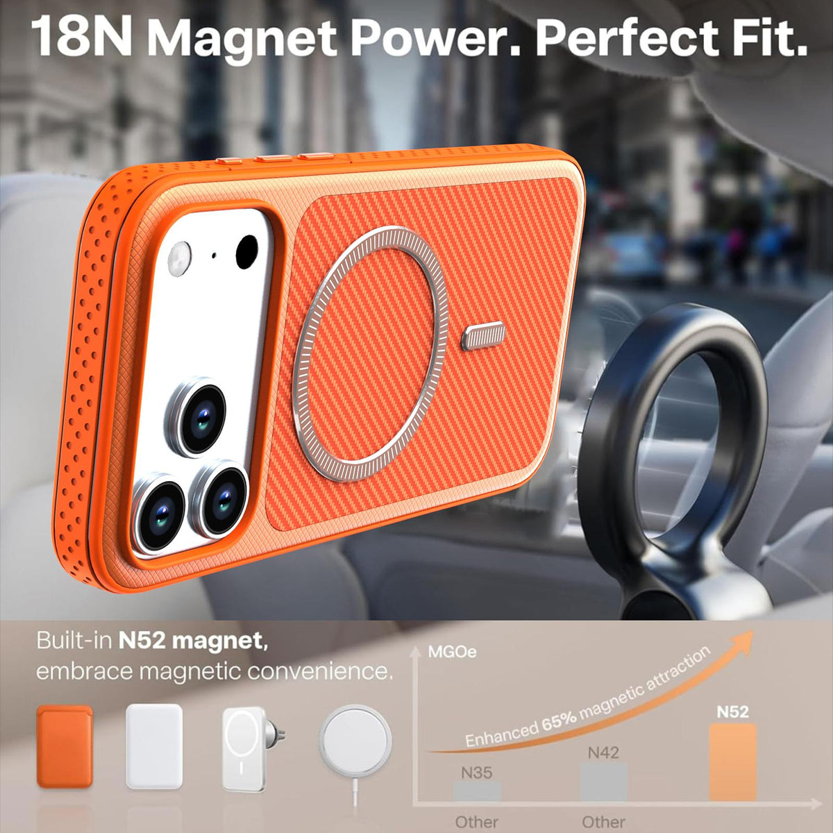 For iPhone 13 Pro Carbon Fiber Texture Vegan Leather Magnetic Phone Case - Orange - EDA009899705B