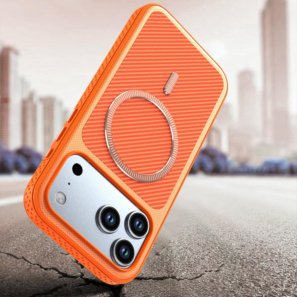 For iPhone 13 Pro Carbon Fiber Texture Vegan Leather Magnetic Phone Case - Orange - EDA009899705B