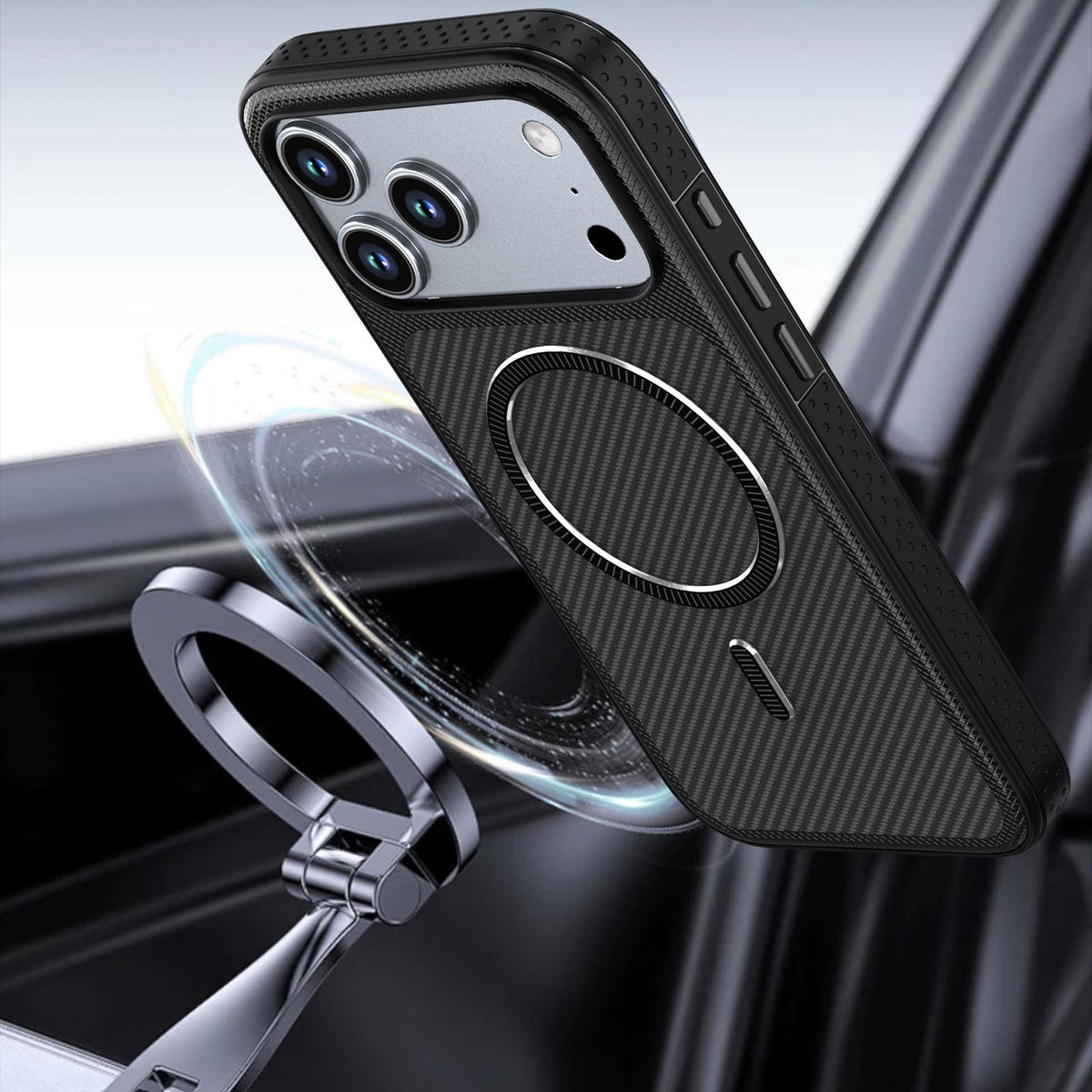 For iPhone 13 Pro Carbon Fiber Texture Vegan Leather Magnetic Phone Case - Black - EDA009899705C