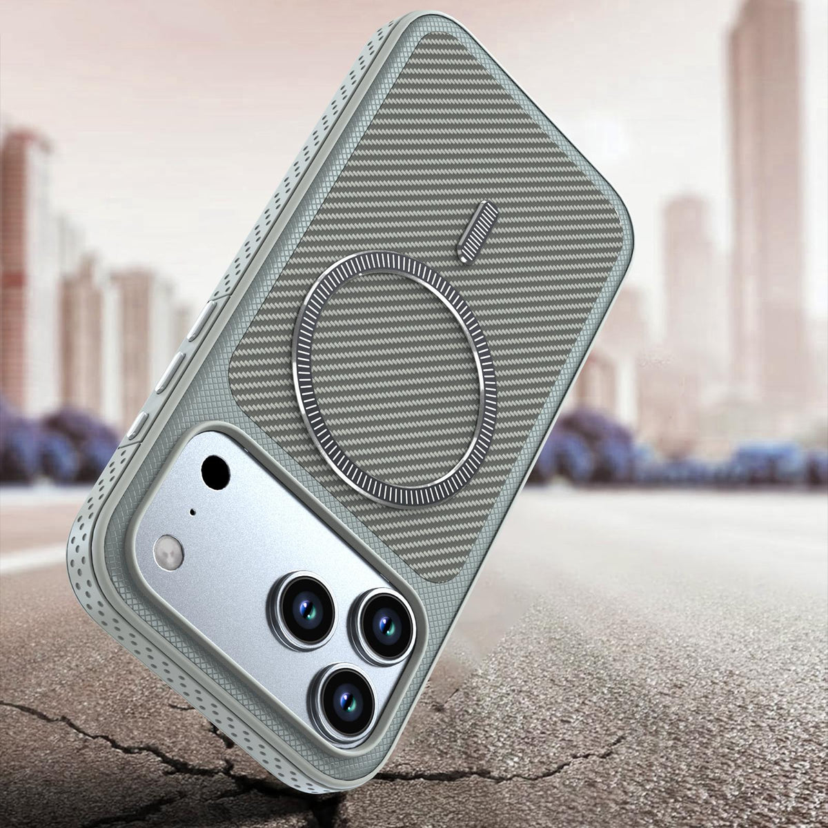 For iPhone 13 Pro Carbon Fiber Texture Vegan Leather Magnetic Phone Case - Grey - EDA009899705D