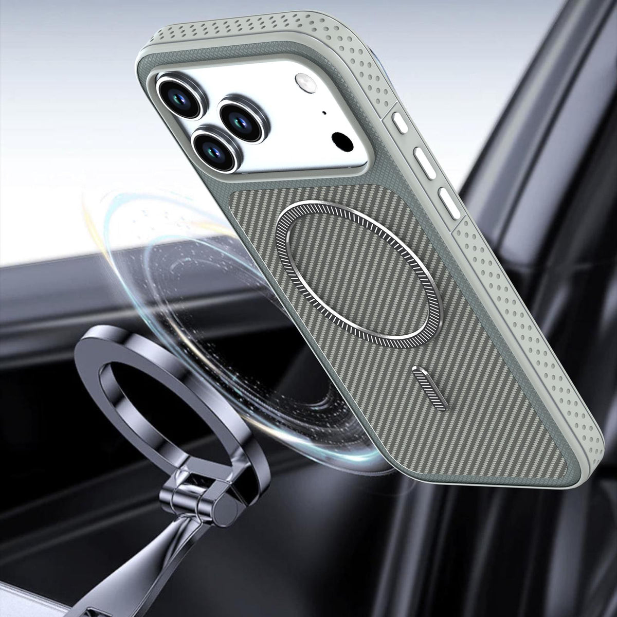 For iPhone 13 Pro Carbon Fiber Texture Vegan Leather Magnetic Phone Case - Grey - EDA009899705D