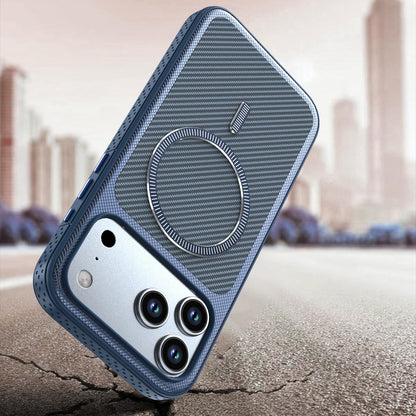 For iPhone 13 Pro Carbon Fiber Texture Vegan Leather Magnetic Phone Case - Blue - EDA009899705E