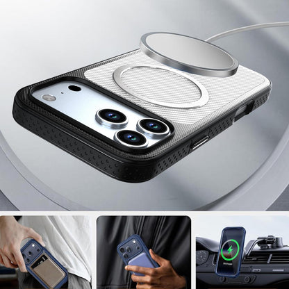 For iPhone 13 Pro Max Carbon Fiber Texture Vegan Leather Magnetic Phone Case - White - EDA009899706A