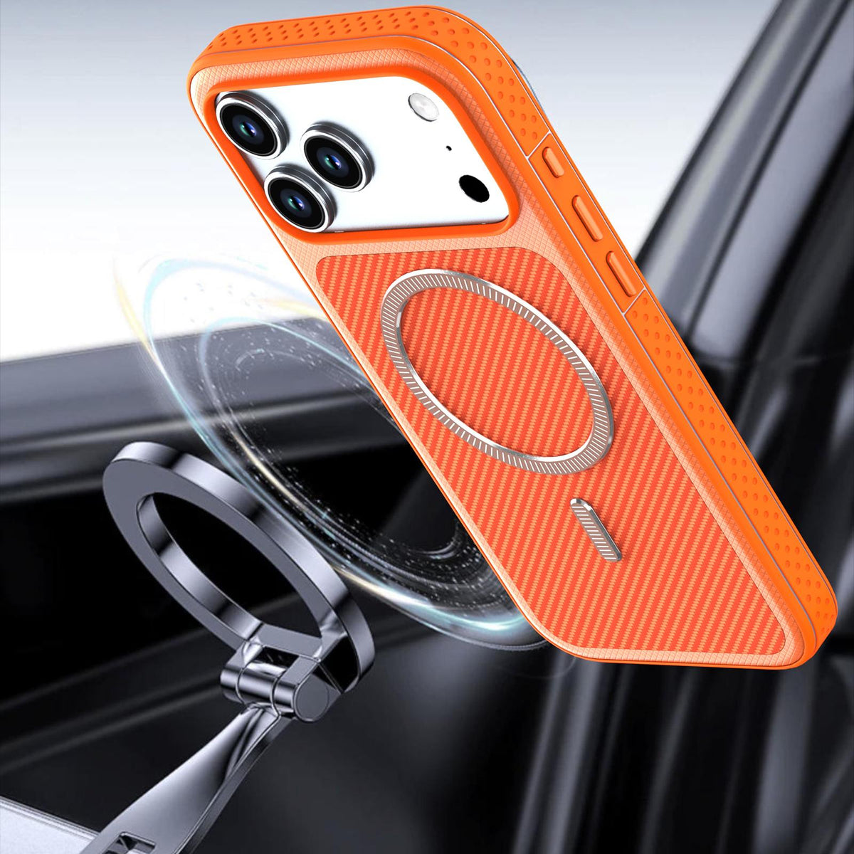 For iPhone 13 Pro Max Carbon Fiber Texture Vegan Leather Magnetic Phone Case - Orange - EDA009899706B