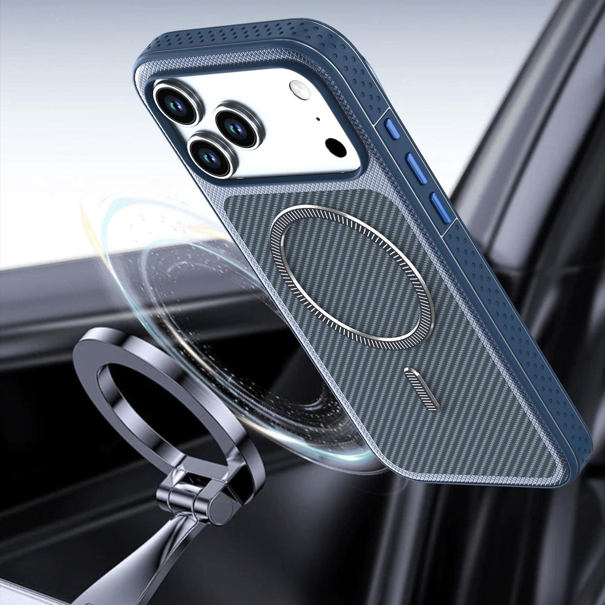 For iPhone 13 Pro Max Carbon Fiber Texture Vegan Leather Magnetic Phone Case - Blue - EDA009899706E