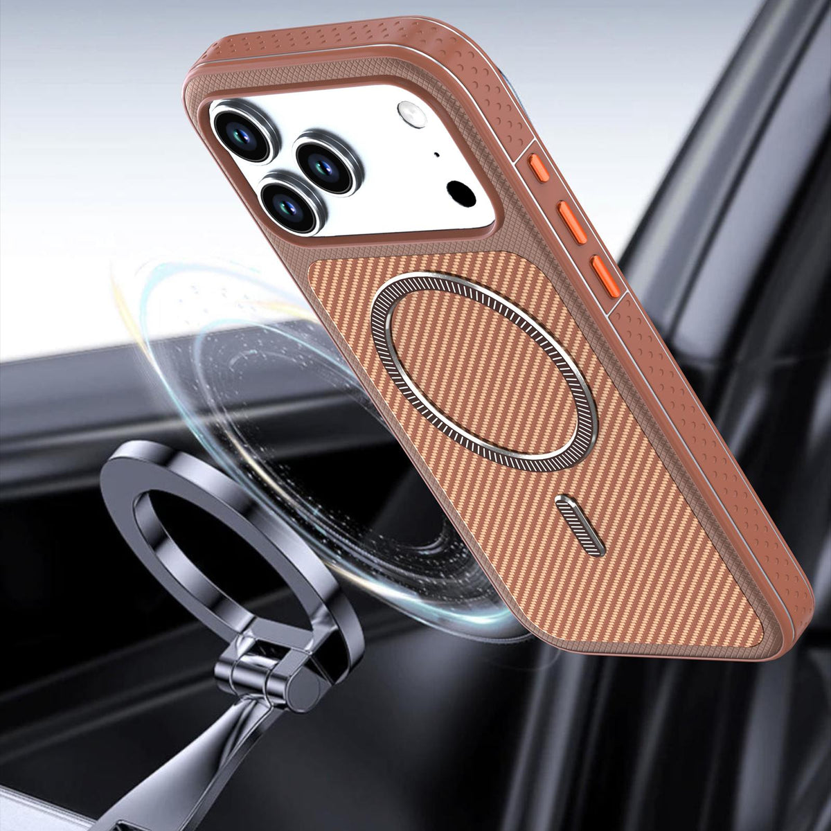 For iPhone 13 Pro Max Carbon Fiber Texture Vegan Leather Magnetic Phone Case - Brown - EDA009899706F