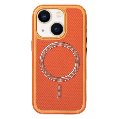 For iPhone 14 / 13 Carbon Fiber Texture Vegan Leather Magnetic Phone Case - Orange - EDA009899707B