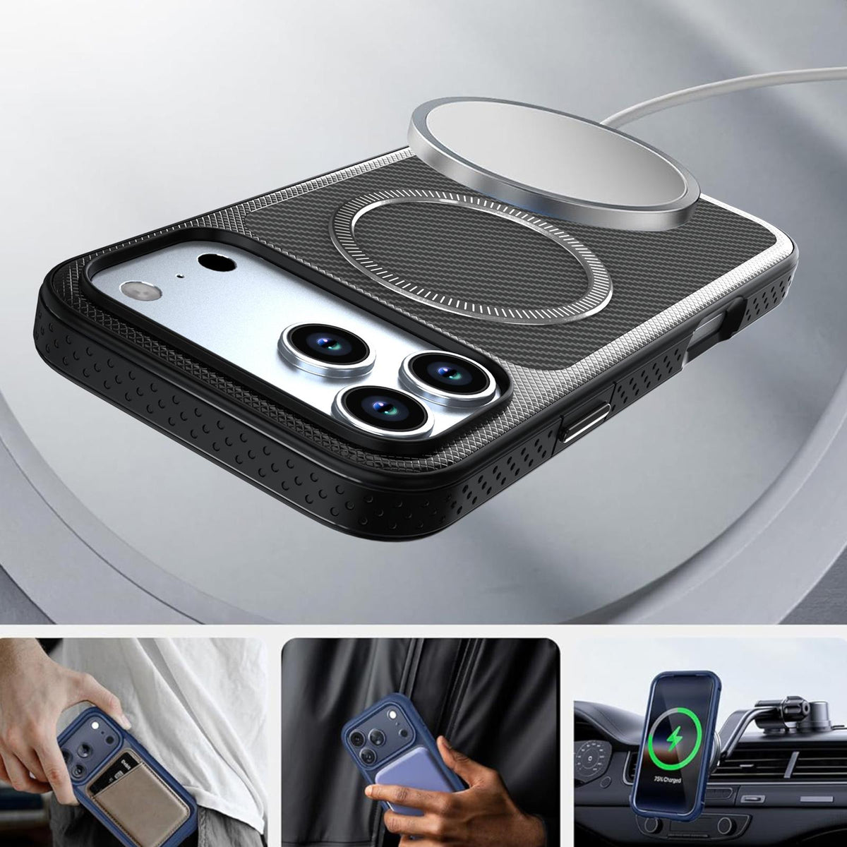 For iPhone 14 / 13 Carbon Fiber Texture Vegan Leather Magnetic Phone Case - Black - EDA009899707C
