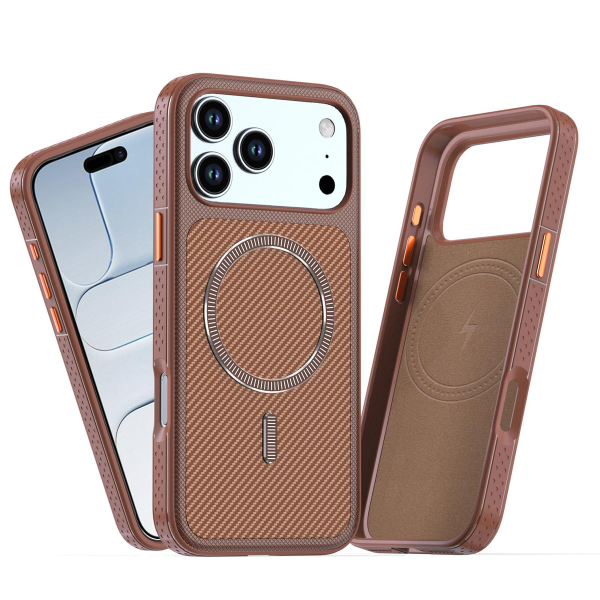 For iPhone 14 / 13 Carbon Fiber Texture Vegan Leather Magnetic Phone Case - Brown - EDA009899707F