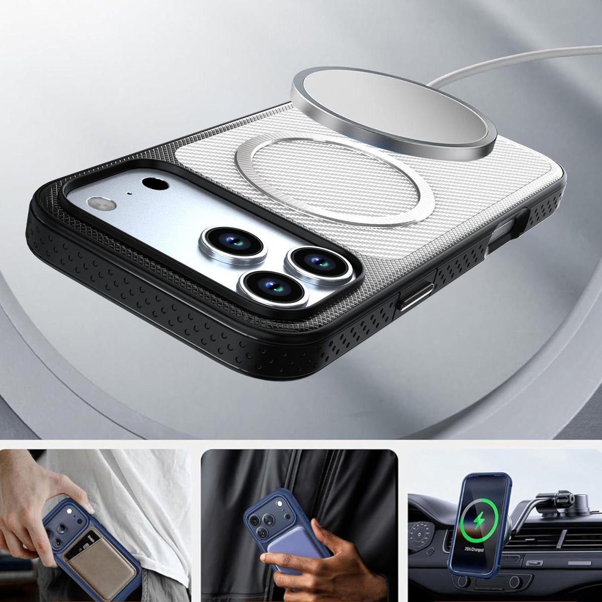 For iPhone 15 Pro Max Carbon Fiber Texture Vegan Leather Magnetic Phone Case - White - EDA009899712A