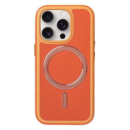 For iPhone 15 Pro Max Carbon Fiber Texture Vegan Leather Magnetic Phone Case - Orange - EDA009899712B