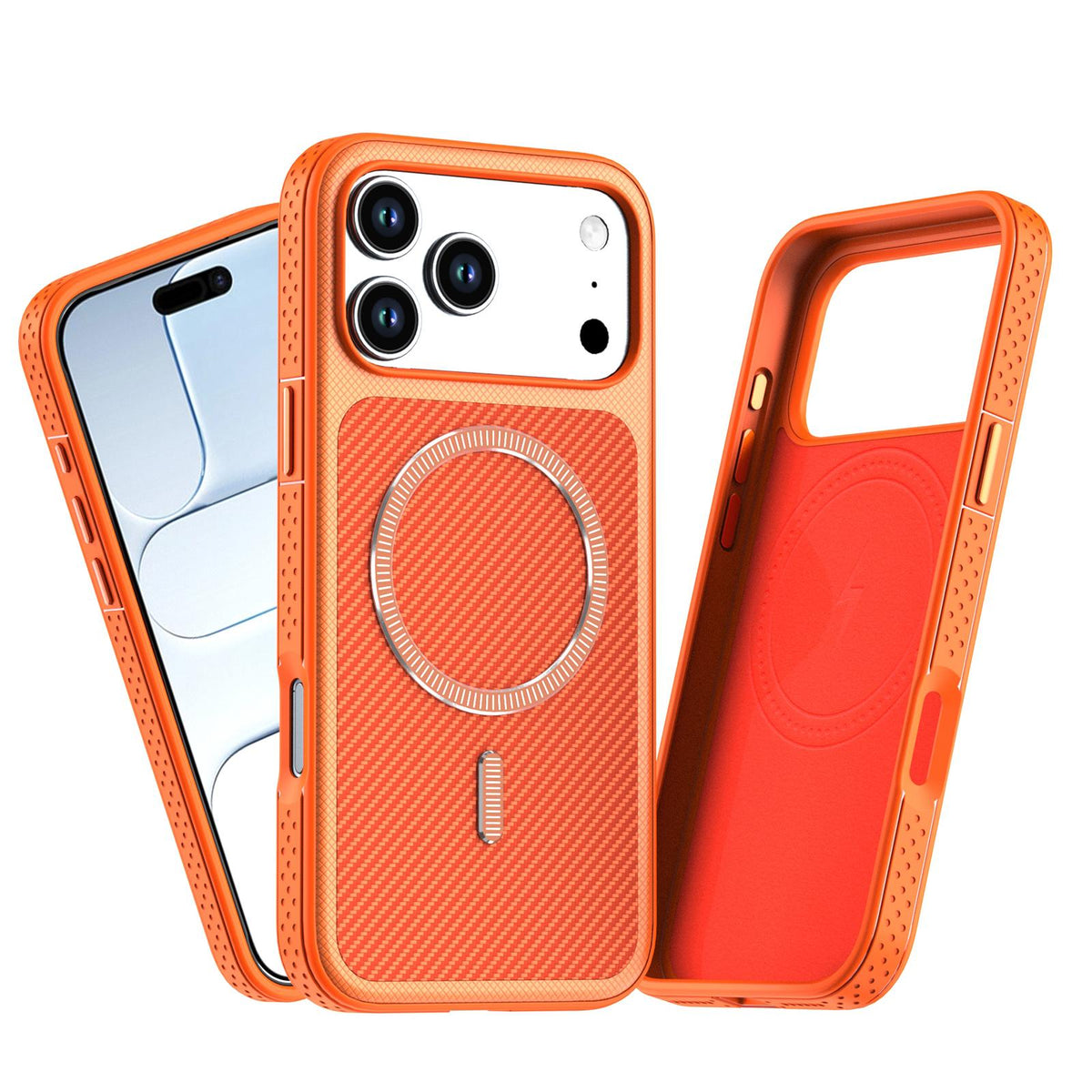 For iPhone 15 Pro Max Carbon Fiber Texture Vegan Leather Magnetic Phone Case - Orange - EDA009899712B