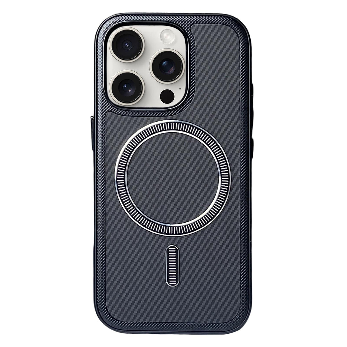 For iPhone 15 Pro Max Carbon Fiber Texture Vegan Leather Magnetic Phone Case - Black - EDA009899712C