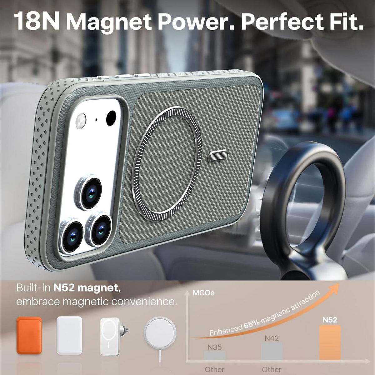 For iPhone 15 Pro Max Carbon Fiber Texture Vegan Leather Magnetic Phone Case - Grey - EDA009899712D