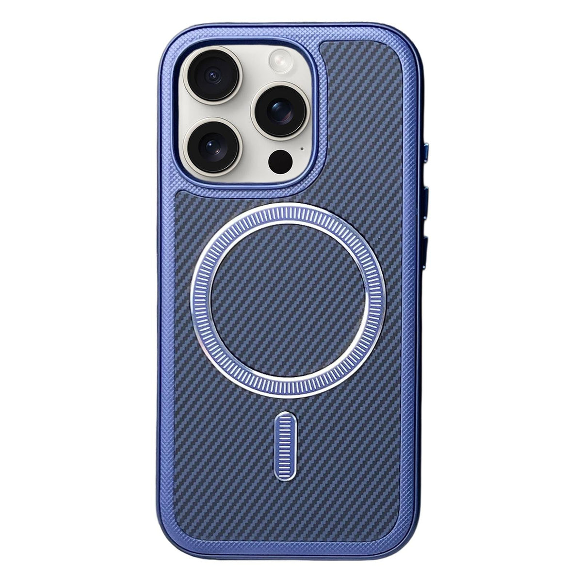 For iPhone 15 Pro Max Carbon Fiber Texture Vegan Leather Magnetic Phone Case - Blue - EDA009899712E