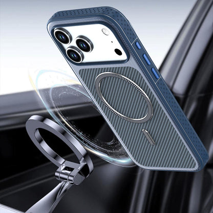 For iPhone 15 Pro Max Carbon Fiber Texture Vegan Leather Magnetic Phone Case - Blue - EDA009899712E