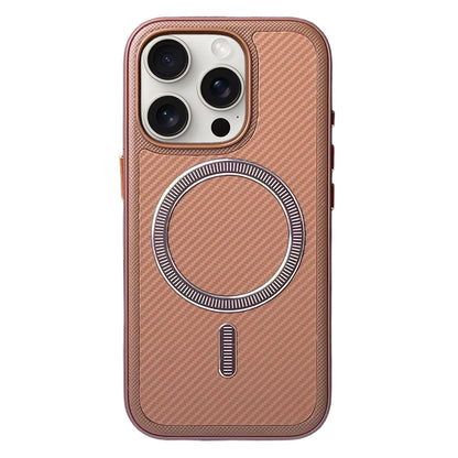 For iPhone 15 Pro Max Carbon Fiber Texture Vegan Leather Magnetic Phone Case - Brown - EDA009899712F