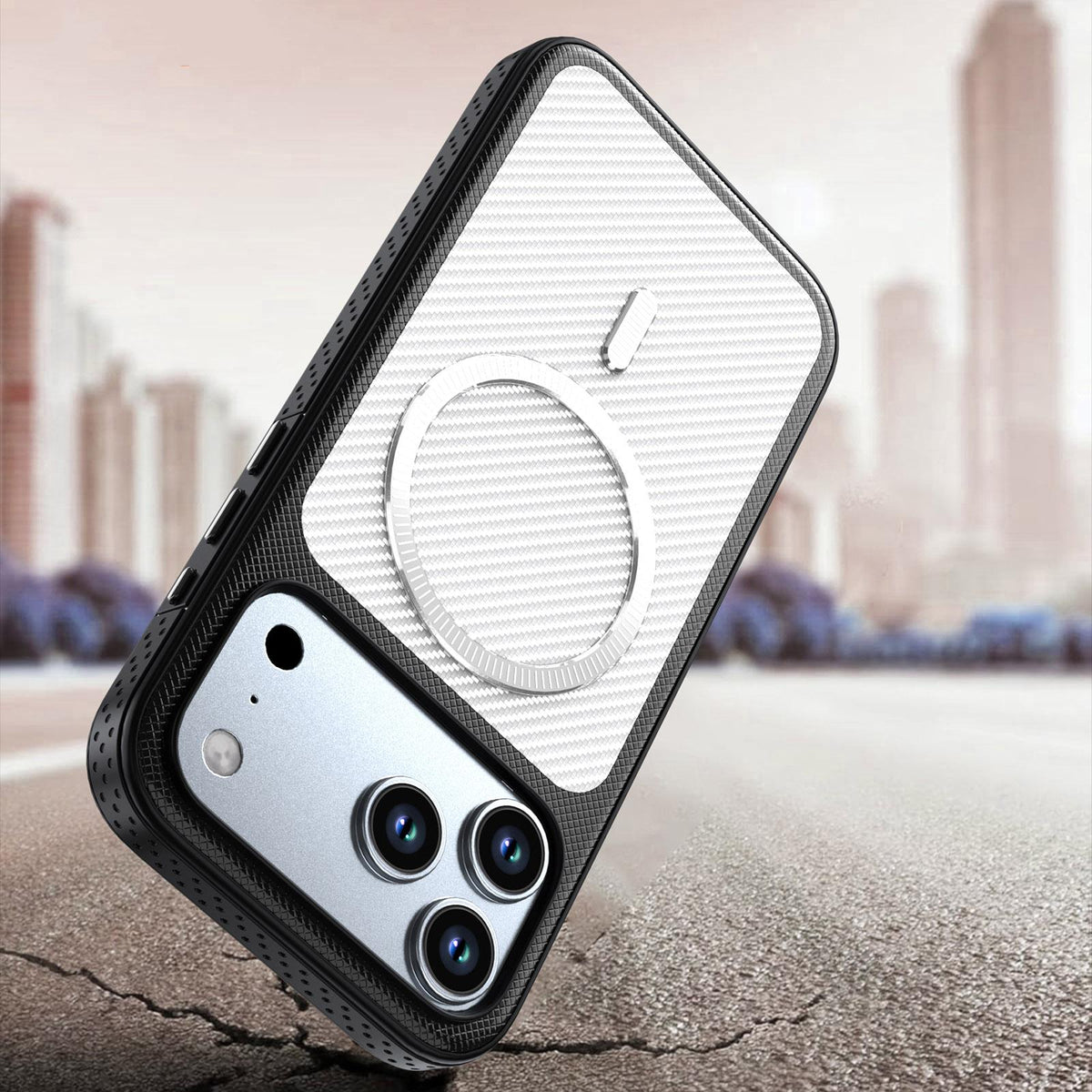 For iPhone 18 Pro Max Carbon Fiber Texture Vegan Leather Magnetic Phone Case - White - EDA009899720A