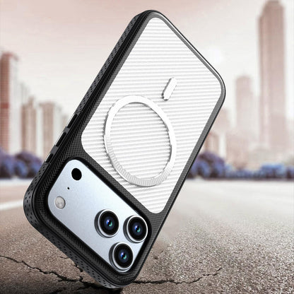For iPhone 18 Pro Max Carbon Fiber Texture Vegan Leather Magnetic Phone Case - White - EDA009899720A