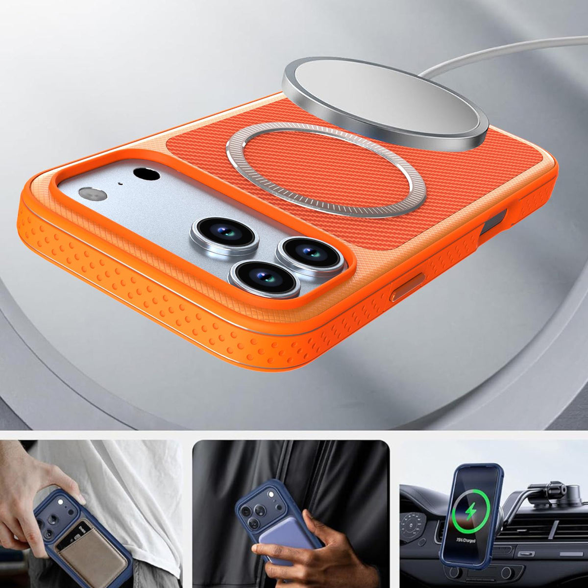 For iPhone 18 Pro Max Carbon Fiber Texture Vegan Leather Magnetic Phone Case - Orange - EDA009899720B
