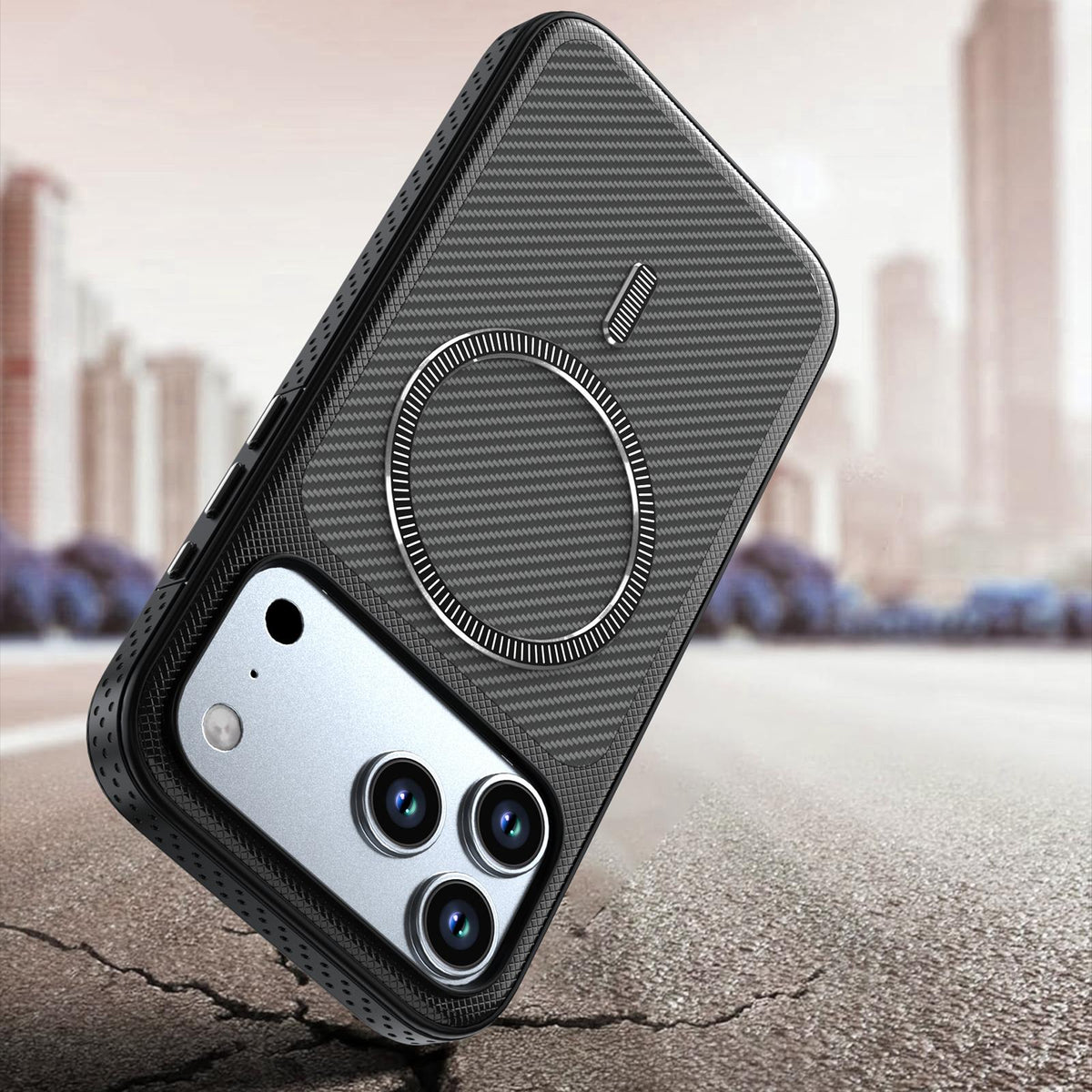 For iPhone 18 Pro Max Carbon Fiber Texture Vegan Leather Magnetic Phone Case - Black - EDA009899720C