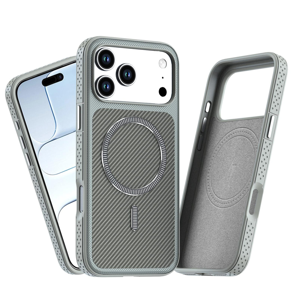 For iPhone 18 Pro Max Carbon Fiber Texture Vegan Leather Magnetic Phone Case - Grey - EDA009899720D