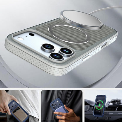 For iPhone 18 Pro Max Carbon Fiber Texture Vegan Leather Magnetic Phone Case - Grey - EDA009899720D