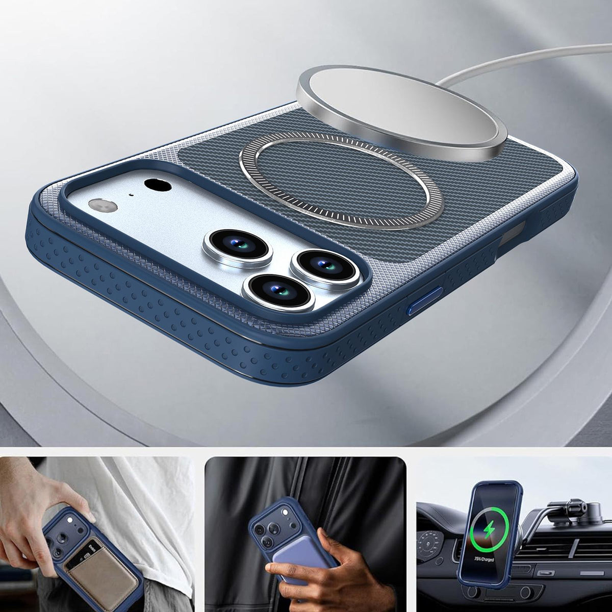 For iPhone 18 Pro Max Carbon Fiber Texture Vegan Leather Magnetic Phone Case - Blue - EDA009899720E