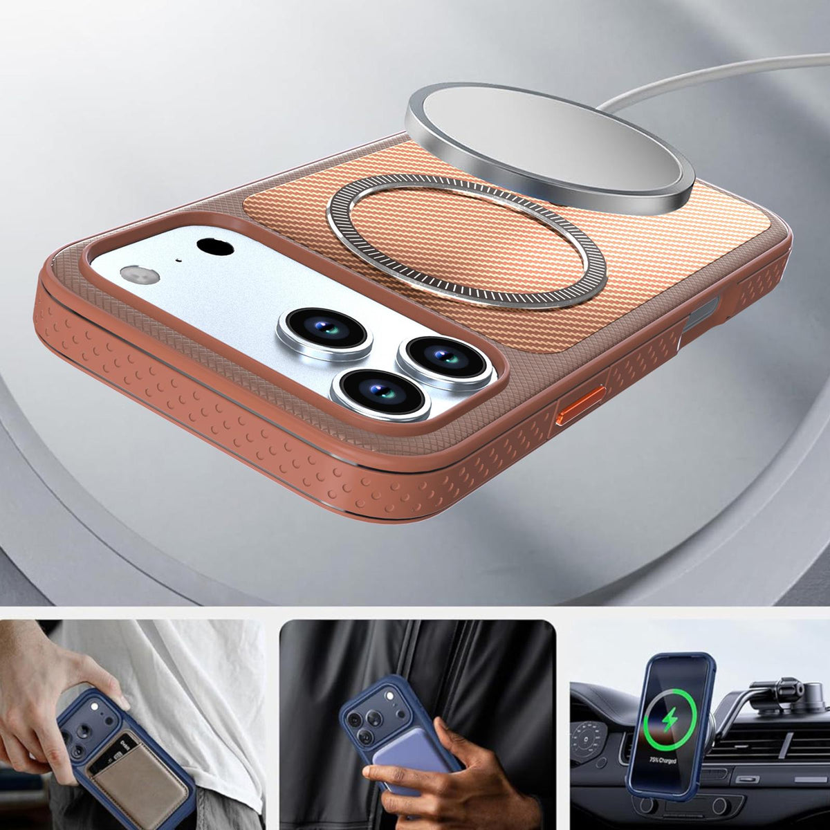 For iPhone 18 Pro Max Carbon Fiber Texture Vegan Leather Magnetic Phone Case - Brown - EDA009899720F