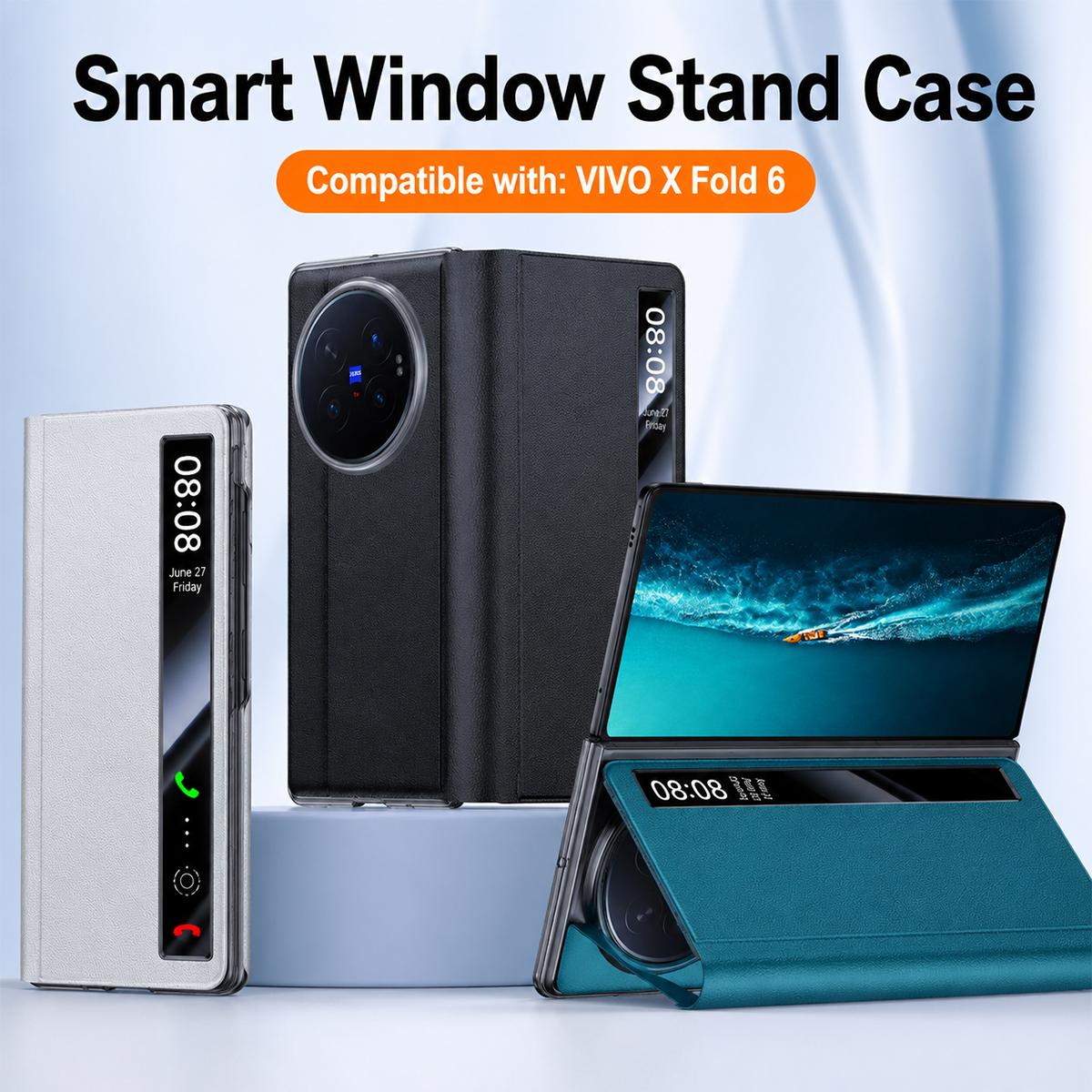 For vivo X Fold6 5G Smart View Window PU Stand Leather Phone Case - Green - EDA009901501C