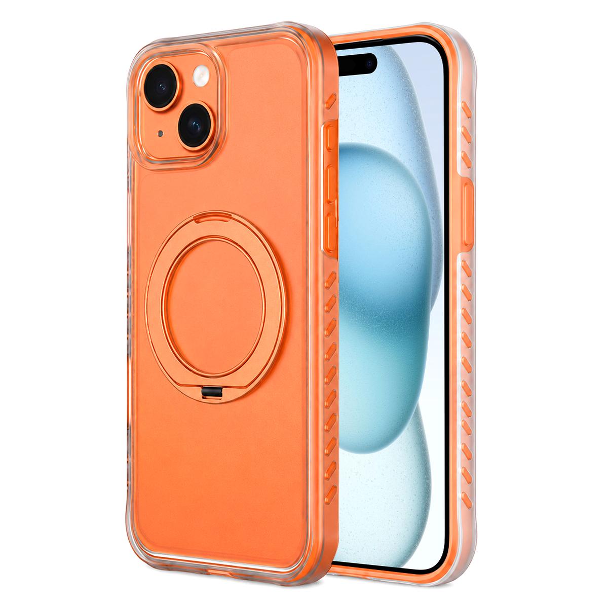 For iPhone 15 Matte Translucent 360 Rotation Magnetic Holder Phone Case - Sunset Orange - EDA009902601B