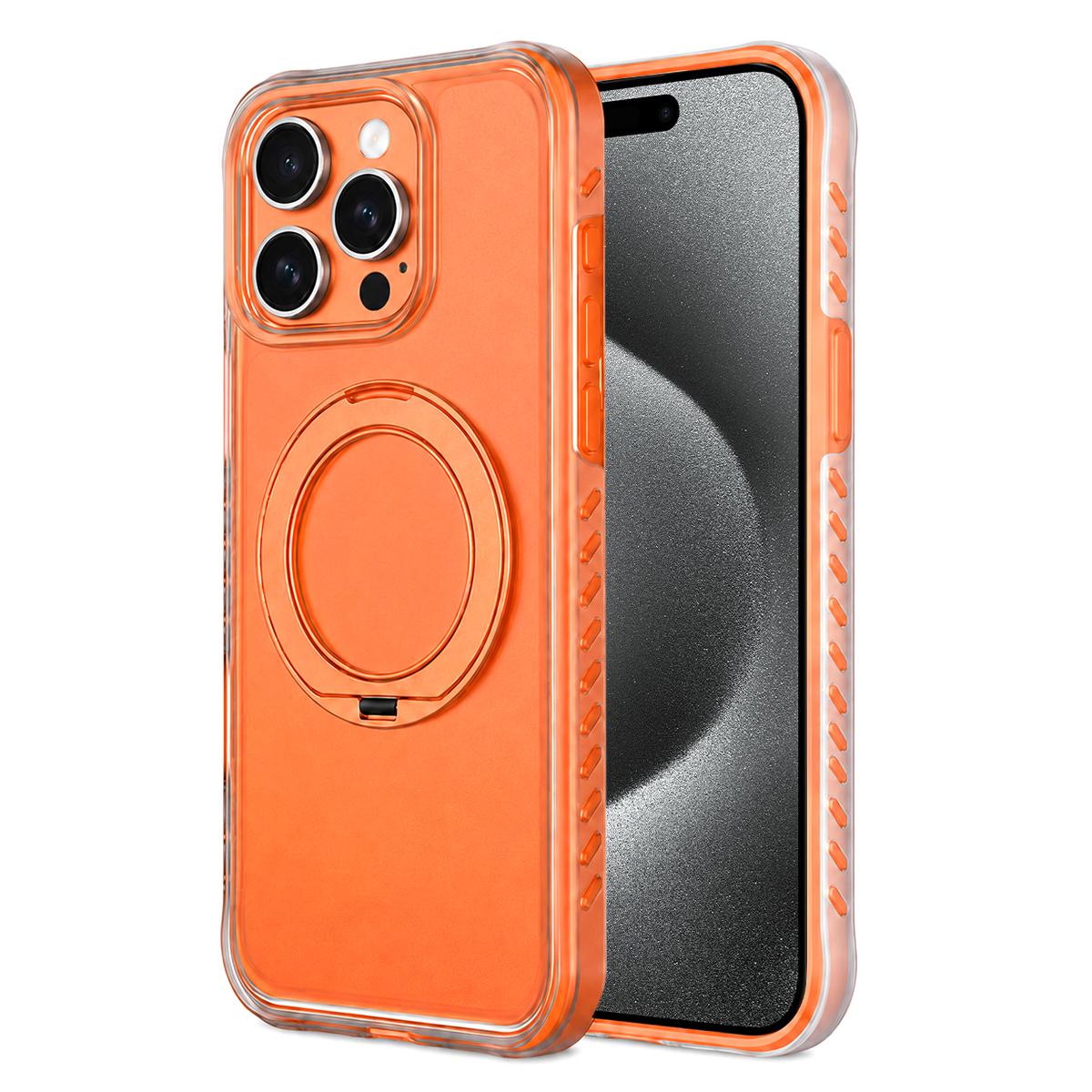 For iPhone 15 Pro Matte Translucent 360 Rotation Magnetic Holder Phone Case - Sunset Orange - EDA009902602B