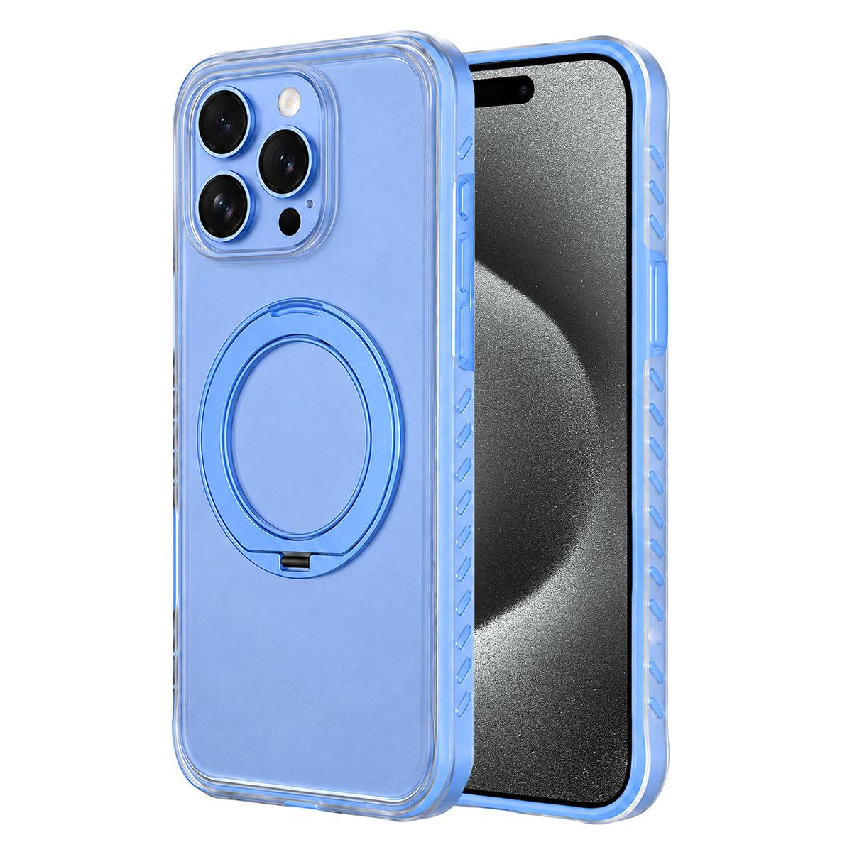 For iPhone 15 Pro Max Matte Translucent 360 Rotation Magnetic Holder Phone Case - Glacier Blue - EDA009902603C