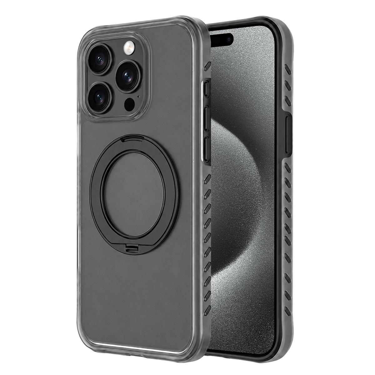For iPhone 15 Pro Max Matte Translucent 360 Rotation Magnetic Holder Phone Case - Mist Black - EDA009902603D