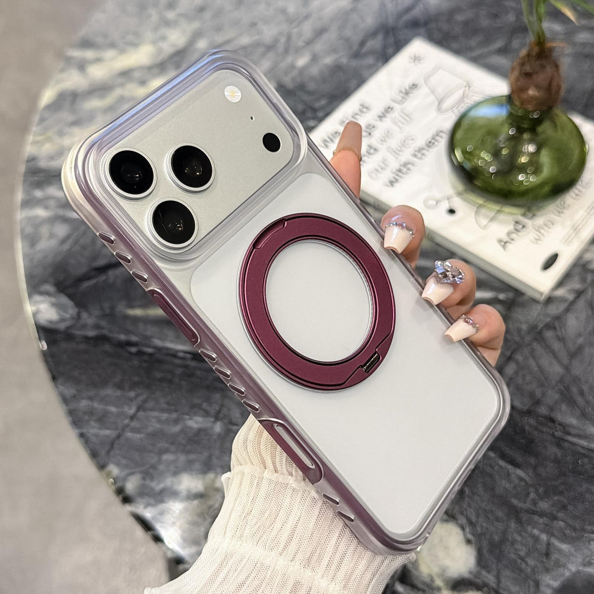 For iPhone 16 Matte Translucent 360 Rotation Magnetic Holder Phone Case - Cherry Red - EDA009902604A