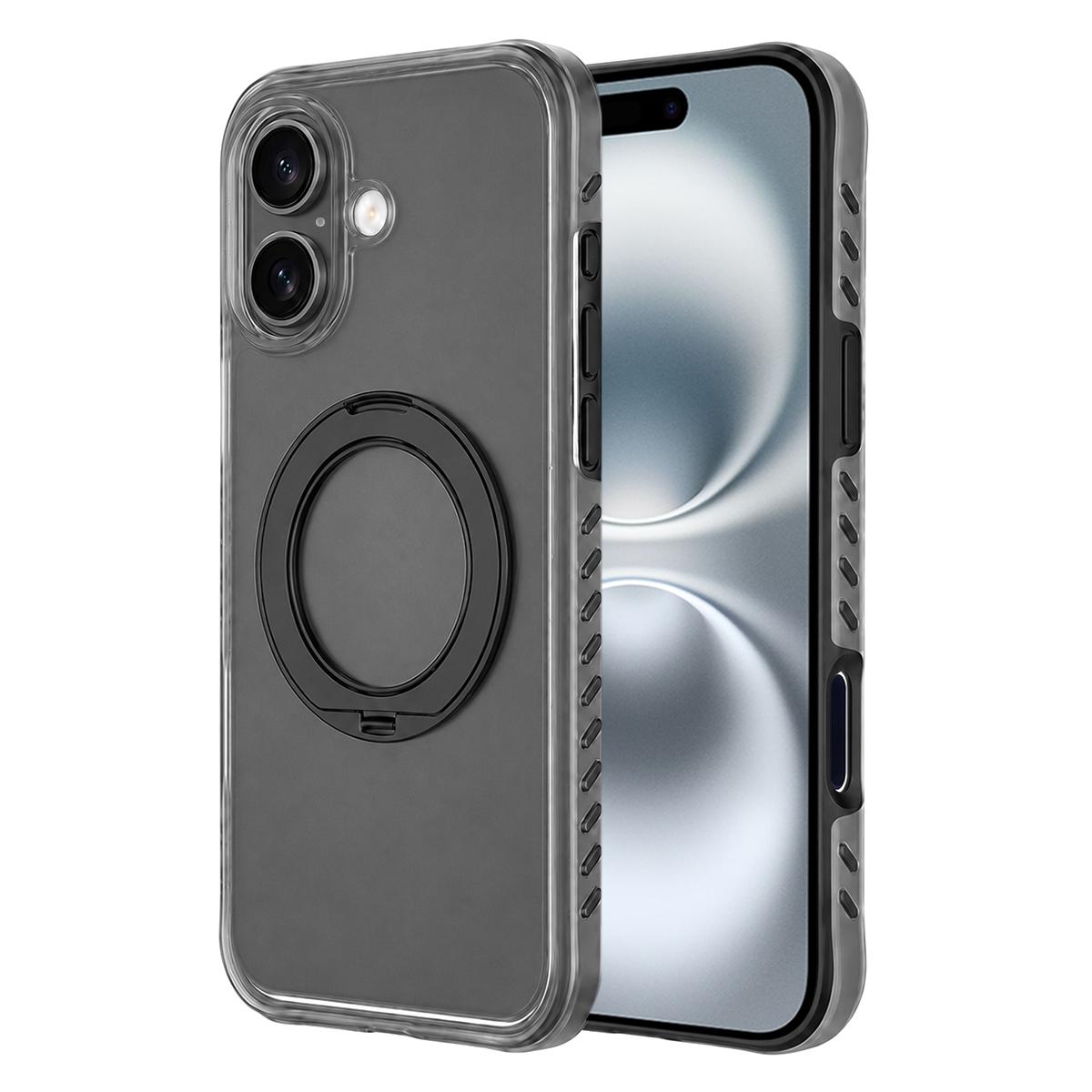 For iPhone 16 Matte Translucent 360 Rotation Magnetic Holder Phone Case - Mist Black - EDA009902604D