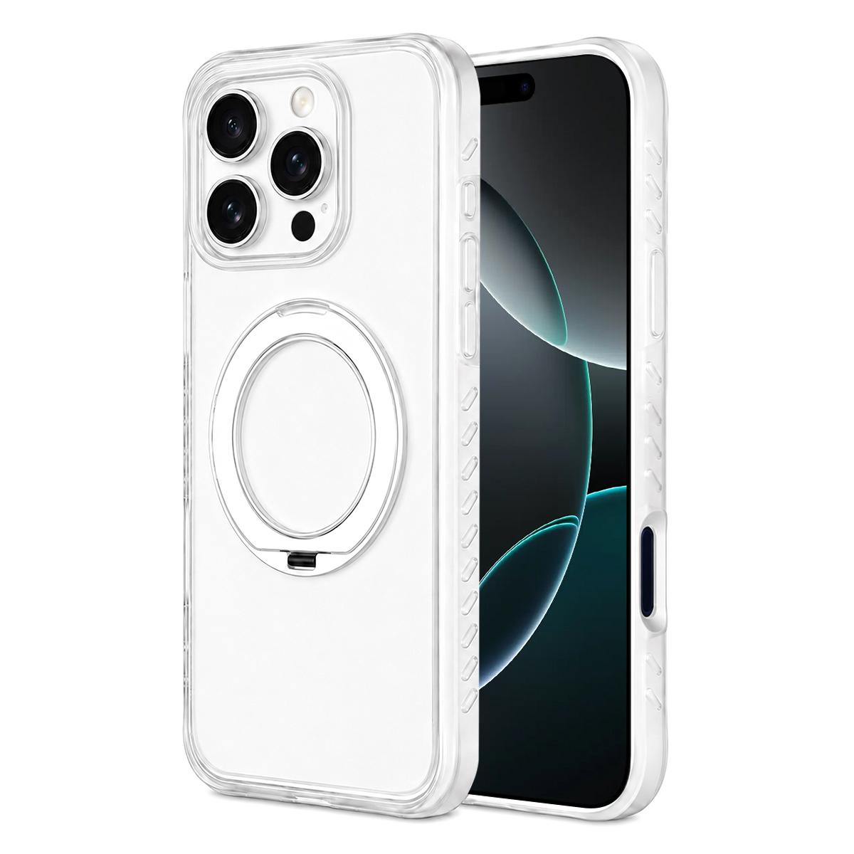 For iPhone 16 Pro Max Matte Translucent 360 Rotation Magnetic Holder Phone Case - Platinum White - EDA009902606E