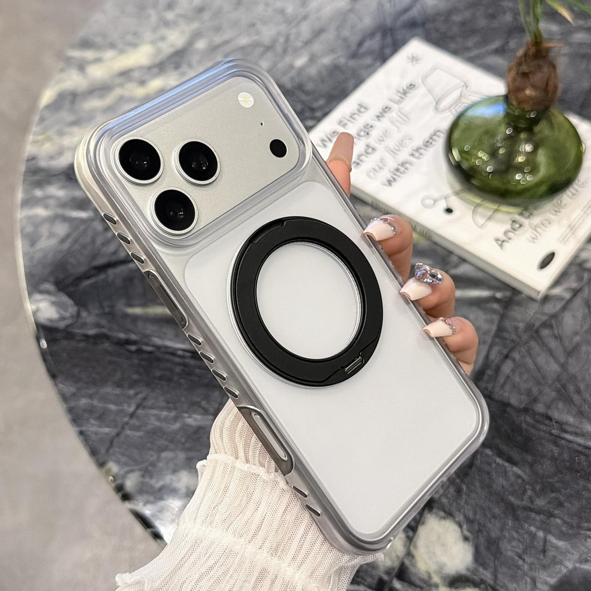 For iPhone 17 Matte Translucent 360 Rotation Magnetic Holder Phone Case - Mist Black - EDA009902607D