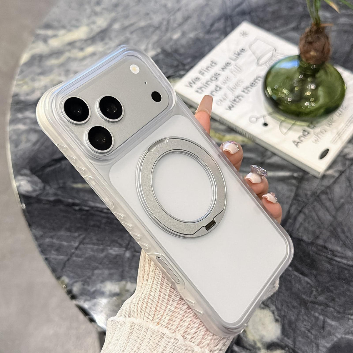 For iPhone 17 Matte Translucent 360 Rotation Magnetic Holder Phone Case - Platinum White - EDA009902607E