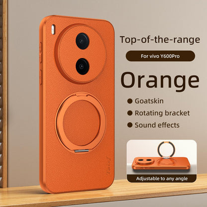 For vivo Y600 Pro 5G Goatskin Vegan Leather Magnetic Phone Case  With 360 Degree Rotating Holder - Orange - EDA009904309A